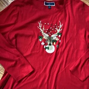 Karen Scott Red Long Sleeve Top with Deer Design
